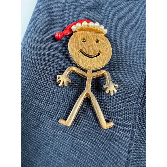 Gold-Toned Stick Figure Brooch With Enamel Santa Hat & Faux Pearl Trim - Picture 13 of 16